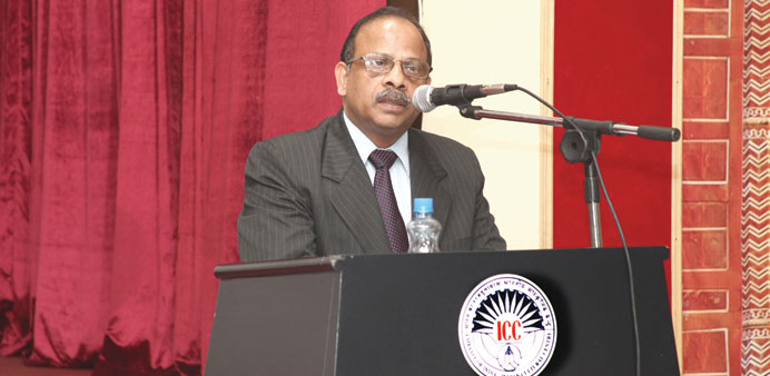 Sasikumar speaks at the meeting at the Indian Cultural Centre on Tuesday evening.