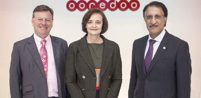 Ross Cormack, CEO, Ooredoo Myanmar, Cherie Blair, and HE Sheikh Abdullah bin Mohamed bin Saud al-Thani, chairman, Ooredoo Group, at the launch of the 