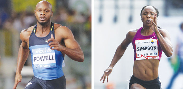 Asafa Powell and Sherone Simpson (right) tested positive for banned stiumulant Oxilofrine at Jamaican World Championship trials in June.