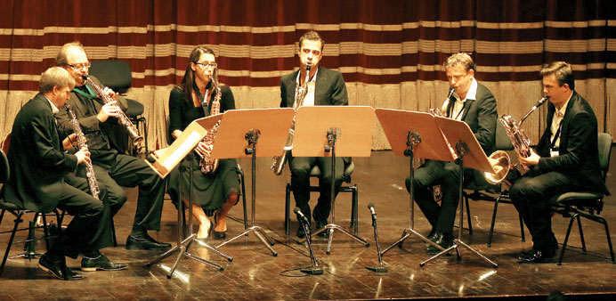 IN SYNC: Cezariusz Gadzina (second from left) performing along with his ensemble at the concert in Katara Opera Theatre.  Photo  by Jayan Orma