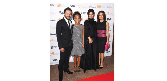 From left: Mohamed Saeed, actress Quvenzhanu00e9 Wallis, Fatma al-Remaihi and actress/producer Salma Hayek attend the Kahlil Gibranu2019s The Prophet premiere