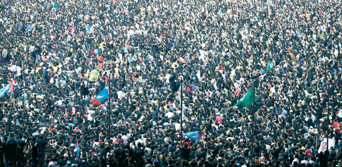 Demonstrators at a stadium in Kelana Jaya, outside Kuala Lumpur.