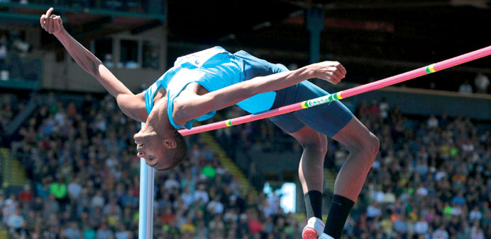 Mutaz Essa Barshim of Qatar clears the bar to win the menu2019s high jump on the final day of the Prefontaine Classic at Hayward Field in Eugene, Oregon, 