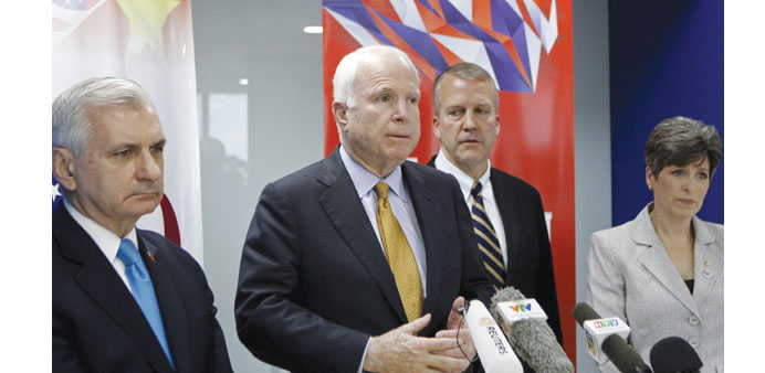 US Senator John McCain, Chairman of the Senate Armed Services Committee, speaks with media at a news conference in Ho Chi Minh City, Vietnam yesterday