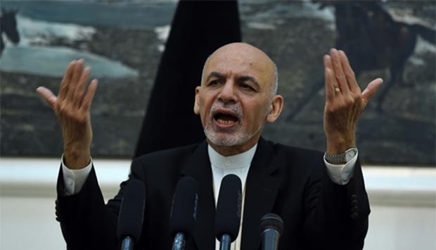 Afghan President Ashraf Ghani gestures as he addresses a press conference at the Presidential Palace in Kabul on Monday.