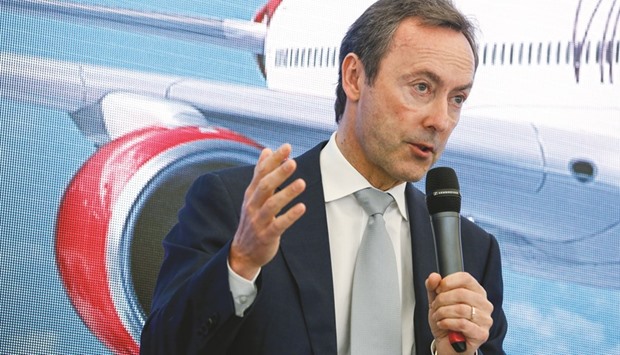 Fabrice Bregier, CEO of Airbus Group, gestures while speaking during a media briefing on the opening day of the Farnborough International Airshow 2016 yesterday. Airbus Groupu2019s Air Asia deal would consist likely of A321neo narrow-body aircraft, which have a list price of $125.7mn apiece.