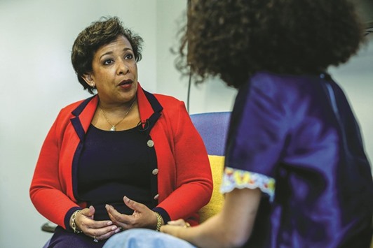 Attorney General Loretta Lynch, left, and actor Yara Shahidi in conversation at a Facebook Live Town Hall meeting on the Playa Vista campus, in Playa Vista, California.