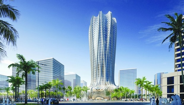 A computer generated image shows one of two projectu2019s designed by Zaha Hadid - a 70,000sqm building featuring a hotel and residential apartments - which is scheduled for completion in 2020 in Qataru2019s Lusail City Marina District