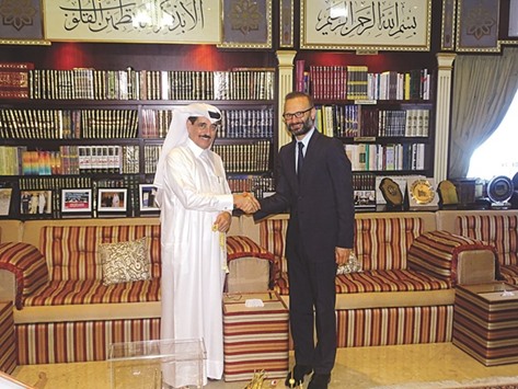 Adviser to HH the Emir and Qataru2019s candidate for the post of Unescou2019s director general, HE Dr Hamad bin Abdulaziz al-Kuwari, being greeted by an official of the University of (Rome) Tor Vergata.