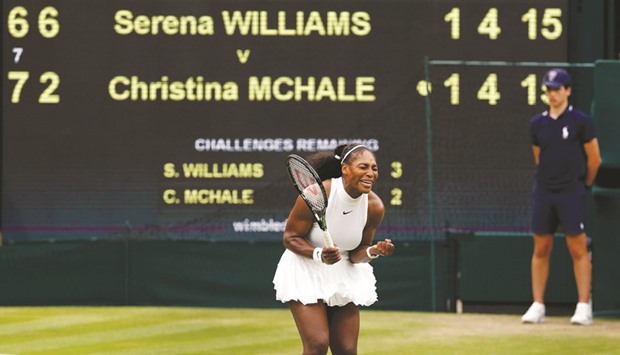 Serena Williams celebrates beating US player Christina McHale in second round match on the fifth day of the 2016 Wimbledon Championships yesterday.