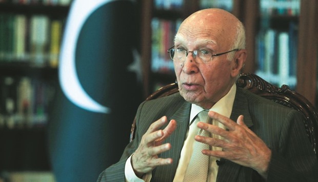 Sartaj Aziz speaking during an interview with Reuters in Islamabad yesterday.