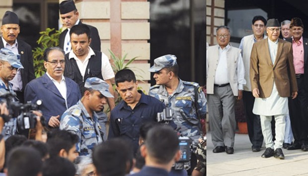 Maoist chairman Pushpa Kamal Dahal, centre, leaving the Parliament Building in Kathmandu yesterday. Nepali Congress president Sher Bahadur Deuba, centre, leaving the Parliament Building in Kathmandu yesterday.