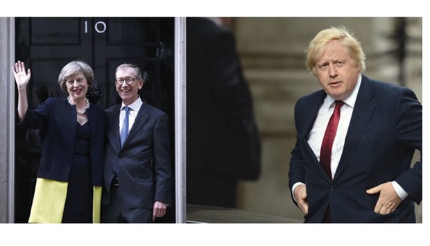 Britainu2019s new Prime Minister, Theresa May, and husband Philip posing for the media outside number 10 Downing Street, in central London, yesterday. (Right) Boris Johnson: named to the high-profile post of foreign minister.