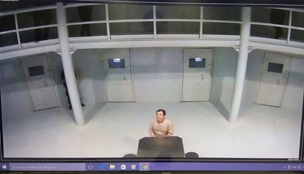 Screenshot of the video of a security camera placed at a Mexican federal prison and published on July, 2016, showing imprisoned drug lord Joaquin Guzman Loera, aka ,El Chapo Guzman,, inside the prison in Ciudad Juarez, Mexico.