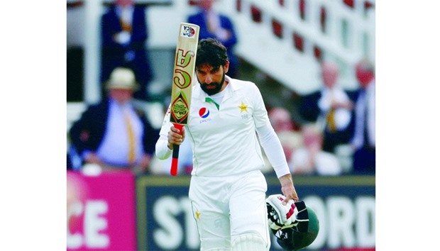 Pakistanu2019s Misbah ul Haq celebrates scoring a century against England in the first Test at Lordu2019s yesterday. Misbah was 110 not out in a Pakistan total of 282 for six at stumps on the first day of this four-match series.