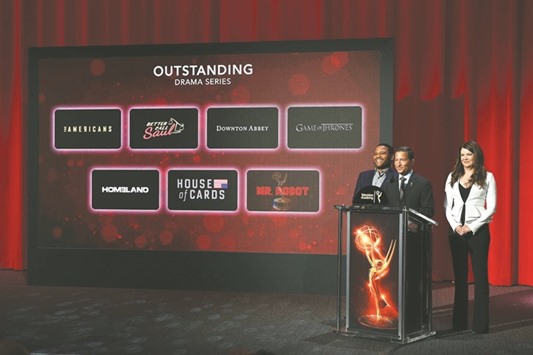 Actor Anderson, Television Academy chairman Rosenblum and actress Graham present the 68th Emmy Awards nominations announcement at the Saban Media Centre yesterday.