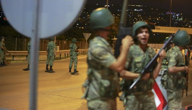 Turkish military blocking access to the Bosphorus bridge, which links the cityu2019s European and Asian sides, in Istanbul, last night.
