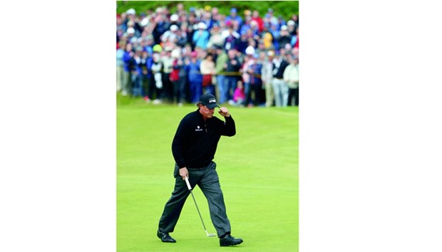 Phil Mickelson of the US reacts after saving par on the 12th hole during the final round of the British Open at Royal Troon, Scotland, yesterday. Mickelson finished runner-up to Swede Henrik Stenson by a three-shot margin.