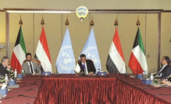 The UN special envoy for Yemen, Ismail Ould Cheikh Ahmed (centre), speaking during a meeting of the Yemeni peace talks with delegations in Kuwait City.