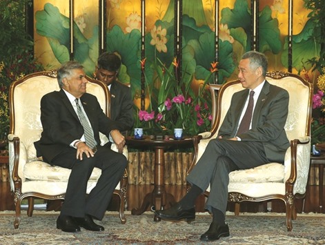 Sri Lankau2019s Prime Minister Ranil Wickremesinghe meeting with Singaporeu2019s PM Lee Hsien Loong at the Istana in Singapore yesterday.