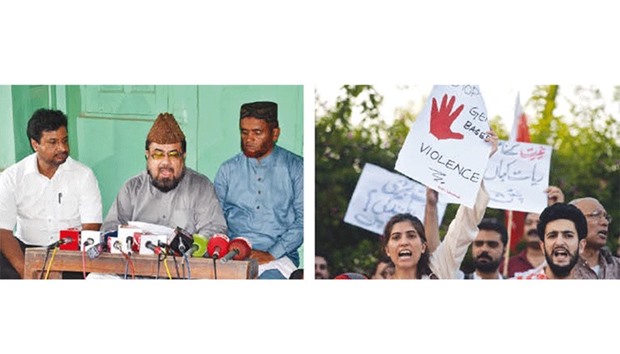 Mufti Abdul Qavi (centre) addresses the media at his house in Qadirabad, Pakistan, yesterday. Right: Pakistani civil society activists carry placards during a protest in Islamabad yesterday against the murder of social media celebrity Qandeel Baloch by her own brother.