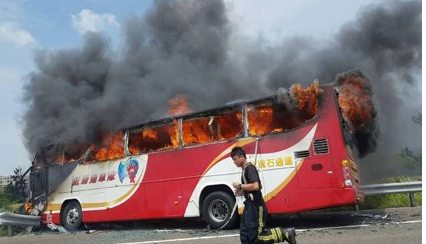 All 26 aboard, incl. 24 tourists from mainland's Liaoning province, killed in bus fire near Taoyuan Airport. Picture courtesy: People's Daily,China
