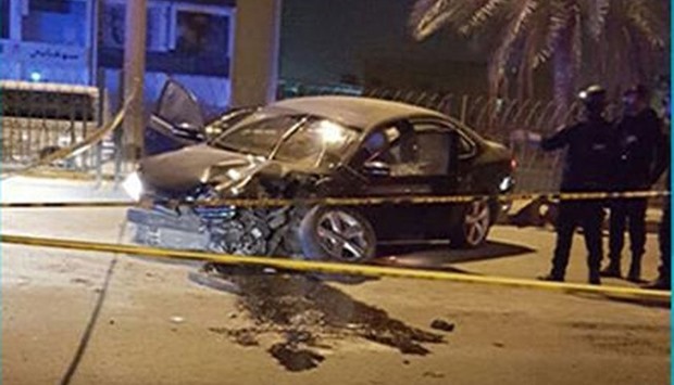 The car hit by shrapnel in a bomb attack in the village of East Eker, south of Manama.