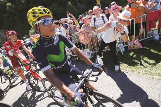 Movistar Team rider Nairo Quintana prepares at the start of 16th stage. (Reuters)