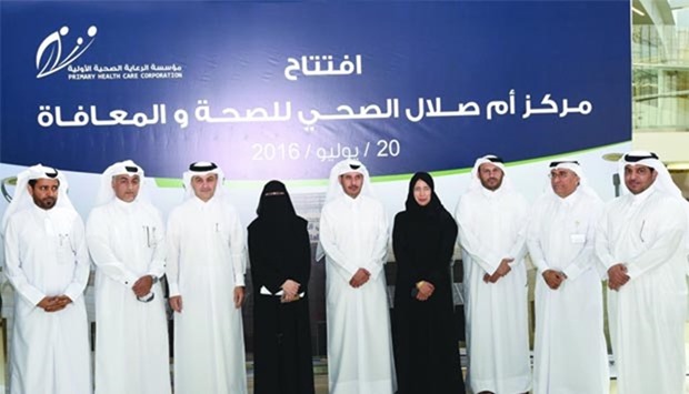 HE the Prime Minister and Minister of Interior Sheikh Abdullah bin Nasser bin Khalifa al-Thani along with HE Dr. Hanan Mohamed al-Kuwari, Minister of Public Health, Dr. Mariam Abdulmalik, managing director, PHCC and other officials after the opening of the new health centre at Umm Salal.