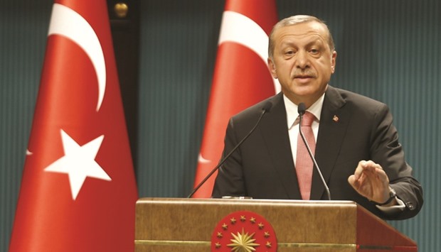 President Erdogan speaking during a news conference in Ankara yesterday.