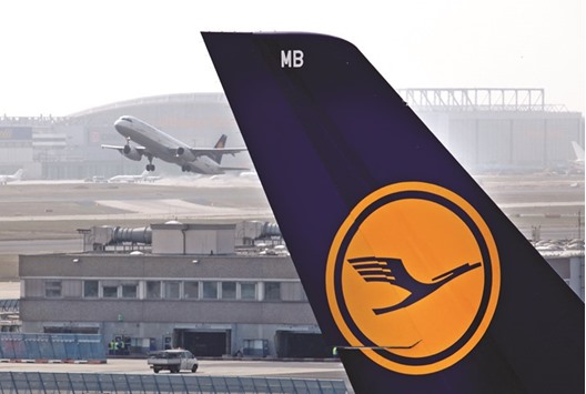 A tailfin displaying Lufthansa logo is seen at Frankfurt airport. Lufthansa shares slumped 6% to u20ac10.44 yesterday.
