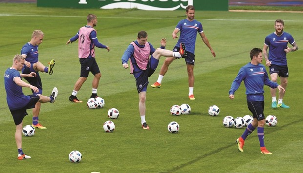 Iceland players during a training session ahead of their Euro 2016 quarter-final clash against hosts France tonight. (Reuters)