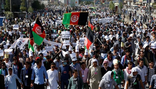 Demonstrators from Afghanistan's Hazara minority attend a protest in Kabul, Afghanistan