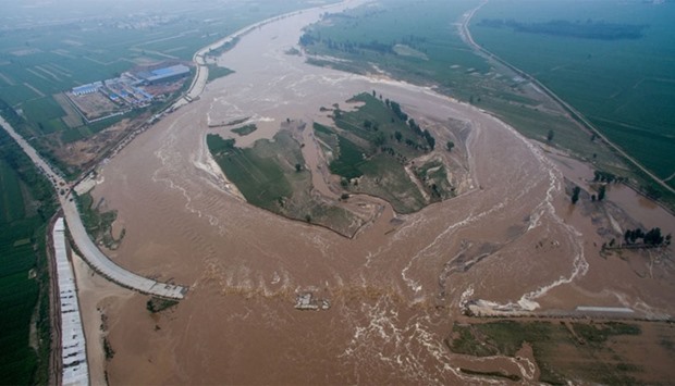 An aerial view of flooded roads and fields in Xingtai, Hebei Province, China