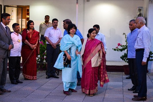 Charity worker Judith Du2019Souza looks on as she meets External Affairs Minister Sushma Swaraj in New Delhi yesterday after returning to India.