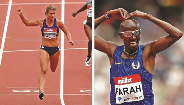 Netherlandsu2019 Dafne Schippers wins the womenu2019s 200m. Britainu2019s Mo Farah does his trademark u2018mobotu2019 gesture after winning the 5,000m at the Diamond League Anniversary Games in Stratford, east London, yesterday.