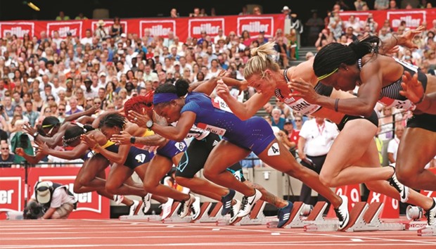 Sprinters get off the blocks in the womenu2019s 100m final during the 2016 London Anniversary Games at the Queen Elizabeth Olympic Park, Stratford in London yesterday.