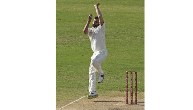 Indiau2019s Mohamed Shami bowls against the West Indies at the Sir Vivian Richards Stadium in North Sound, Antigua, yesterday.