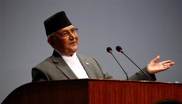Nepal's Prime Minister Khadga Prasad Sharma Oli speaks at the parliament where he announced his resignation in Kathmandu on Sunday.