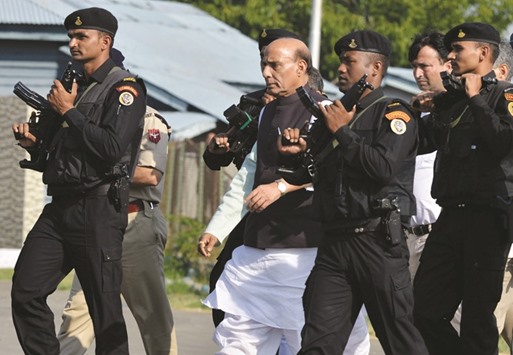 Home Minister Rajnath Singh arrives for a press conference at an air force base in Srinagar yesterday.