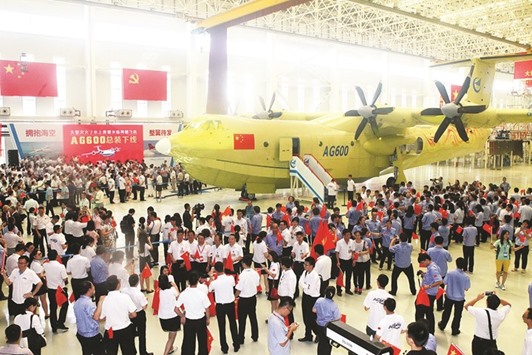 The AG600 amphibious plane being displayed in Zhuhai, in south Chinau2019s Guangdong Province on Saturday.