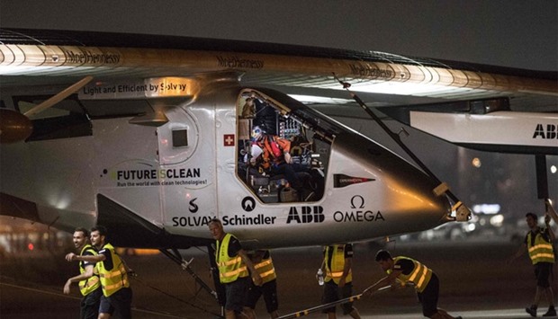 The Solar-powered Solar Impulse 2 aircraft prepares to take off from the Cairo International Airport in the Egyptian capital on July 24, 2016, as it heads to Abu Dhabi on the final leg of its world tour.