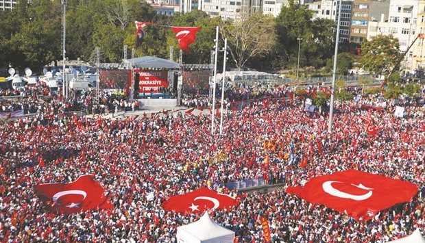 Supporters of various political parties gather in Istanbulu2019s Taksim Square and wave Turkeyu2019s national flags during the Republic and Democracy Rally organised by main opposition Republican Peopleu2019s Party.