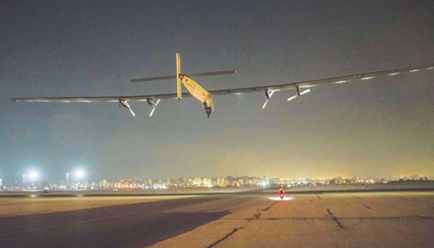 Solar Impulse 2, piloted by Swiss Bertrand Piccard, taking off from Cairou2019s International Airport in Egypt as it heads to Abu Dhabi on the final leg of its world tour.