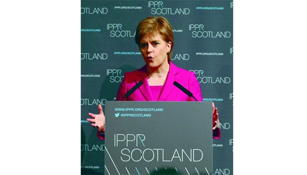 Scotlandu2019s First Minister Nicola Sturgeon speaks at the conference of the Institute for Public Policy Research (IPPR) think-tank in Edinburgh, Scotland, yesterday.