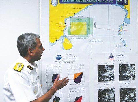 Senior Coast Guard official Rajan gives details of the search operation for the missing AN-32 plane at a press conference in Chennai yesterday.