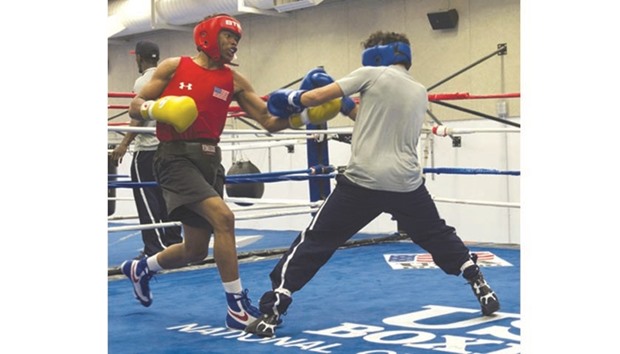 Team USA boxer Shakur Stevenson (L) and Olympic hopeful Antonio Vargas  sparing against each other at the Boxing Center at the US Olympic Training Center in Colorado Springs, Colorado.
