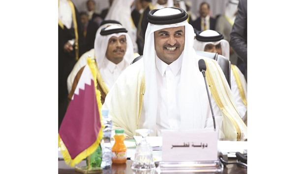 HH the Emir Sheikh Tamim bin Hamad al-Thani at the opening session of the  27th  Arab League summit  in Nouakchott yesterday.