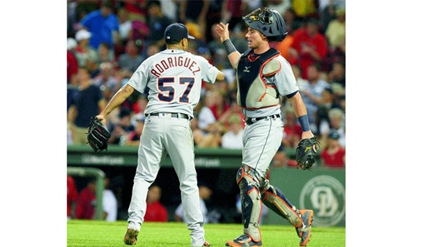 Detroit Tigers relief pitcher Francisco Rodriguez (L) and catcher James McCann congratulate each other after defeating the Boston Red Sox at Fenway Park. PICTURE: USA TODAY Sports