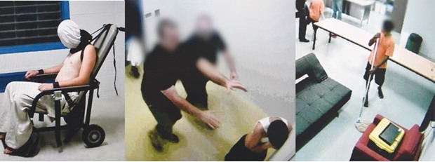 This frame grab from ABC Four Corners programme broadcast in Australia shows a teenage boy hooded and strapped into a chair at a youth detention centre in the Northern Territory city of Darwin. Right: Youth being assaulted in the facility.